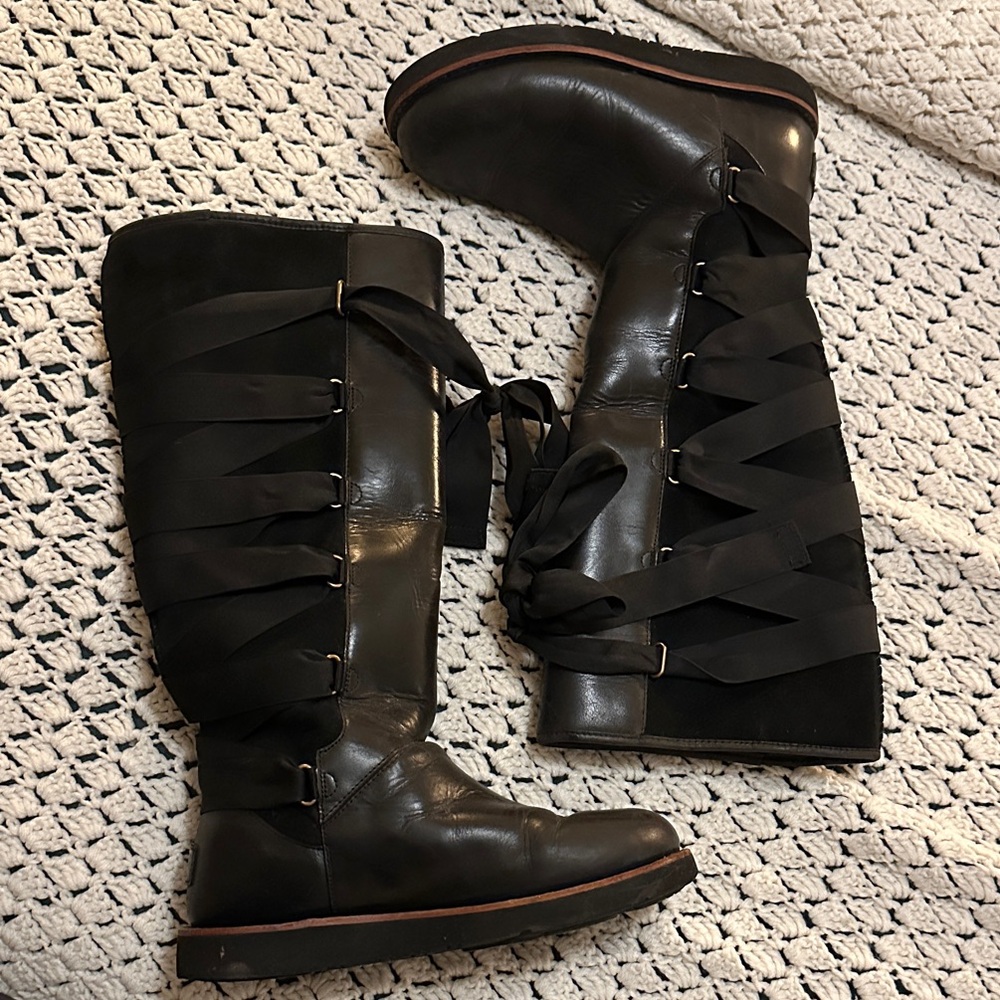 RARE UGG Augustine knee high leather boots with ribbon detail